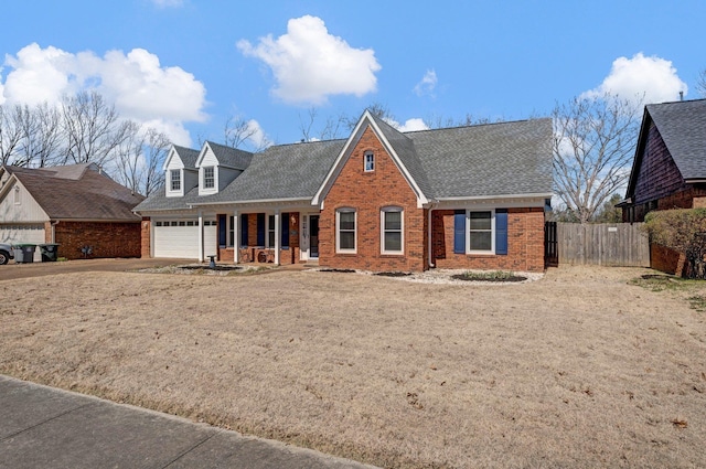 view of front of home with fence, covered porch, concrete driveway, an attached garage, and brick siding