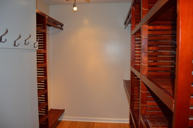 walk in closet with wood finished floors