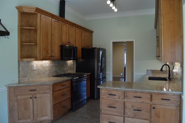 kitchen featuring black appliances, a sink, open shelves, backsplash, and crown molding