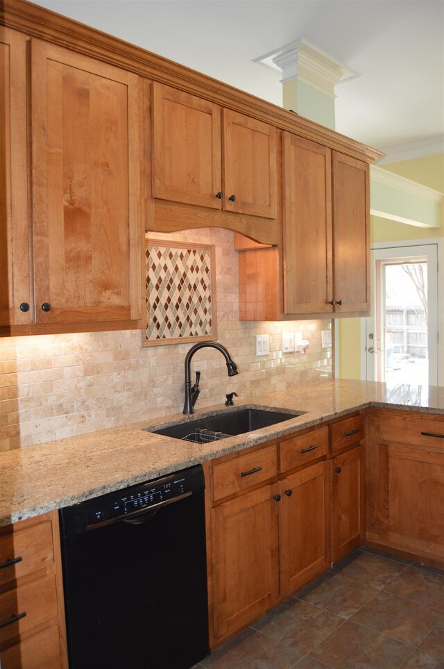 kitchen featuring light stone counters, a sink, dishwasher, crown molding, and backsplash