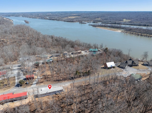 birds eye view of property with a forest view and a water view