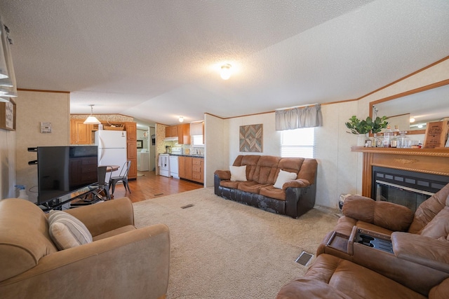 living area with a glass covered fireplace, a textured ceiling, crown molding, and vaulted ceiling