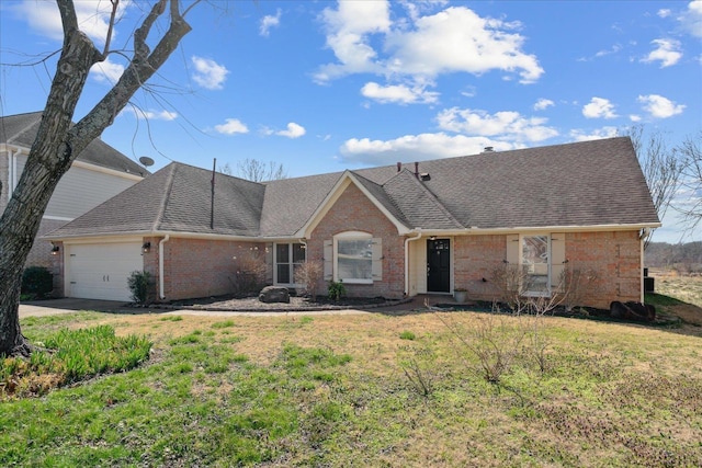 ranch-style house with brick siding, a shingled roof, a front yard, a garage, and driveway