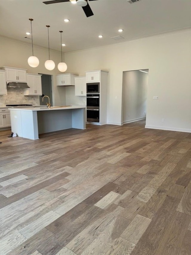 5876 Milton Wilson Blvd, Arlington, TN 38002 - kitchen featuring a ceiling fan, open floor plan, wood finished floors, under cabinet range hood, and stovetop