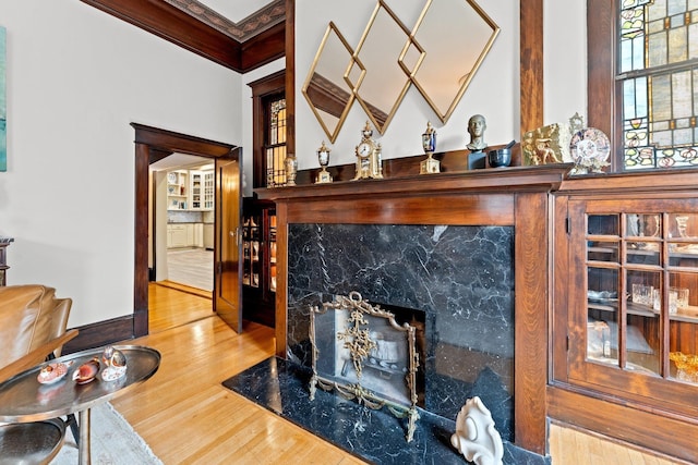 interior space featuring a fireplace, wood finished floors, baseboards, and ornamental molding