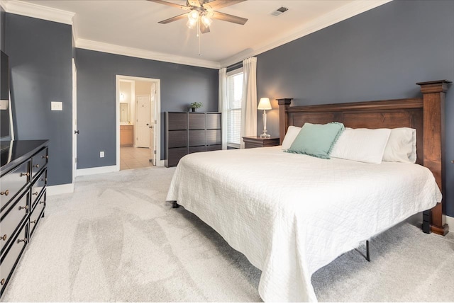 bedroom featuring visible vents, light carpet, a ceiling fan, crown molding, and baseboards