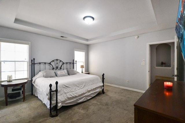 carpeted bedroom with visible vents, a raised ceiling, and baseboards