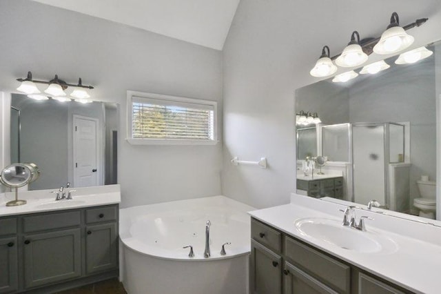 bathroom with a shower stall, a jetted tub, lofted ceiling, and a sink