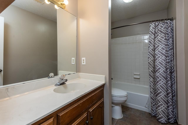 bathroom featuring toilet, vanity, tile patterned floors, shower / bath combination with curtain, and a textured ceiling