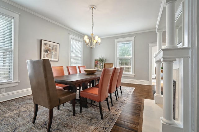 dining area with baseboards, dark wood-type flooring, and crown molding