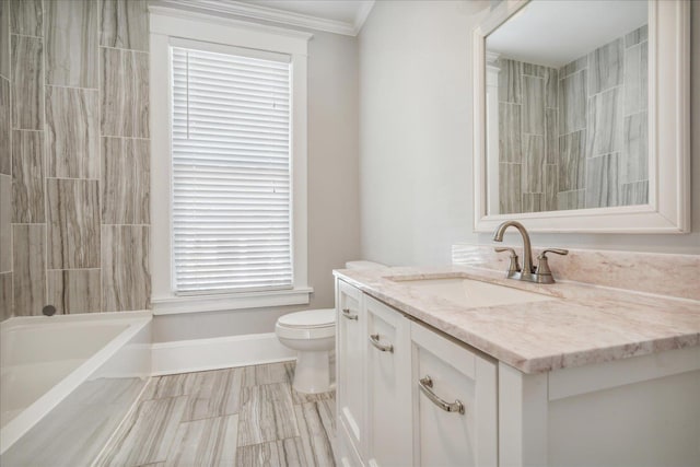 full bathroom featuring toilet, ornamental molding, vanity, baseboards, and shower / bathtub combination