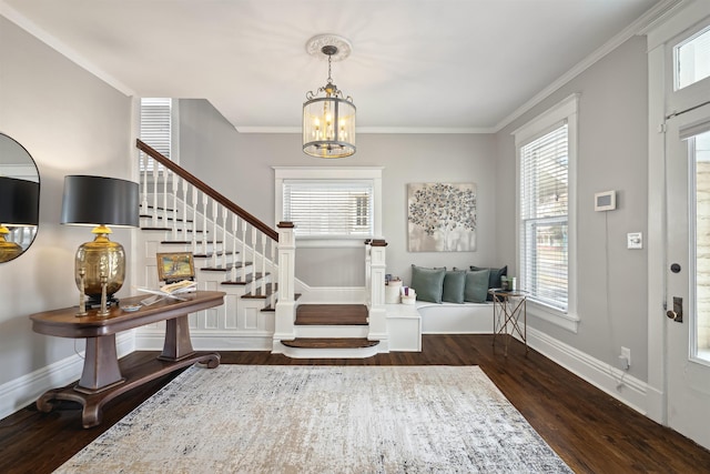 entryway with stairway, ornamental molding, dark wood-style floors, and a healthy amount of sunlight