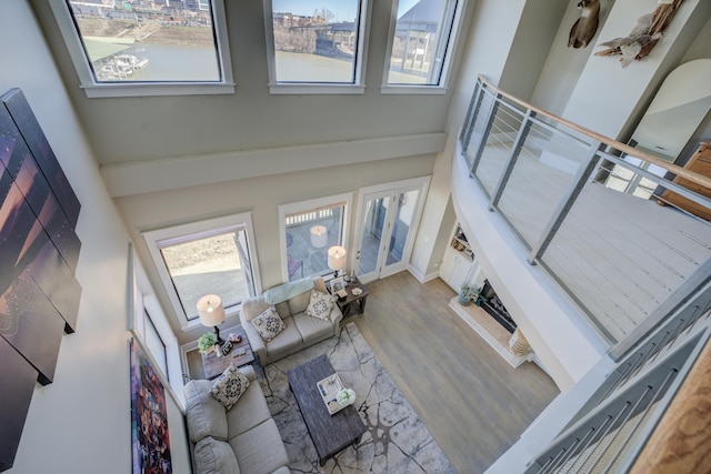 living room with wood finished floors and a towering ceiling