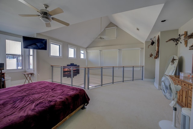 bedroom with carpet, baseboards, visible vents, ceiling fan, and vaulted ceiling