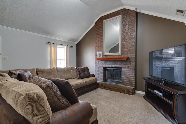 living room with visible vents, a brick fireplace, crown molding, vaulted ceiling, and carpet flooring