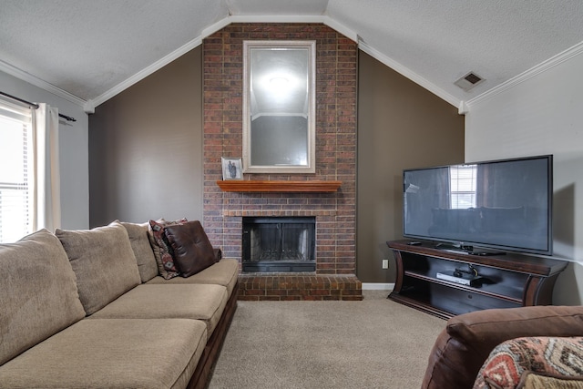 living area featuring visible vents, carpet flooring, crown molding, and lofted ceiling