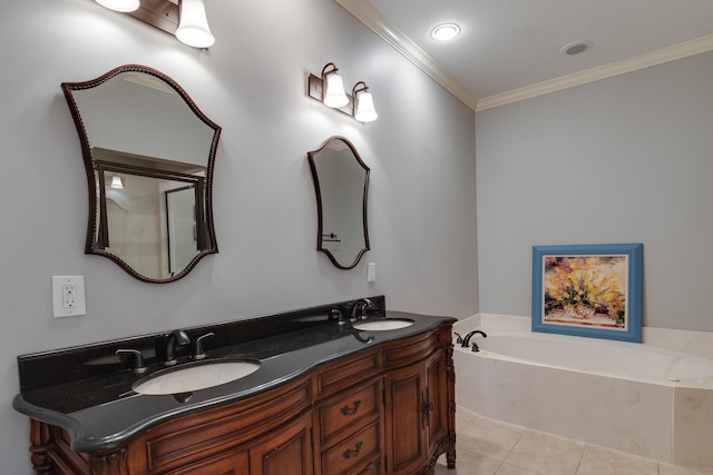 full bath with tile patterned floors, a bath, crown molding, and a sink