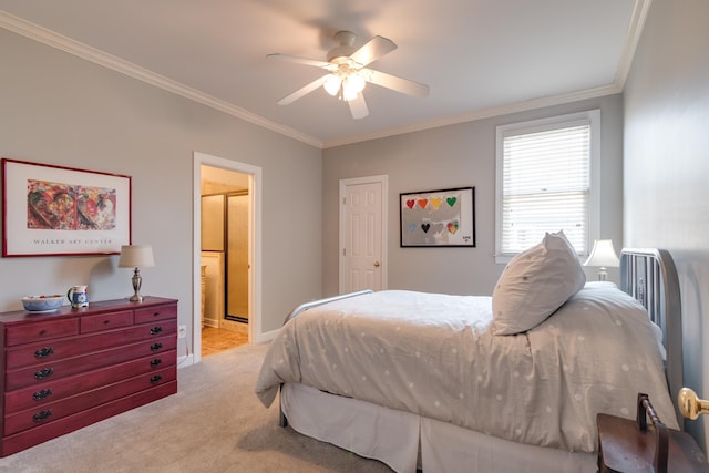 carpeted bedroom featuring ensuite bathroom, crown molding, and a ceiling fan