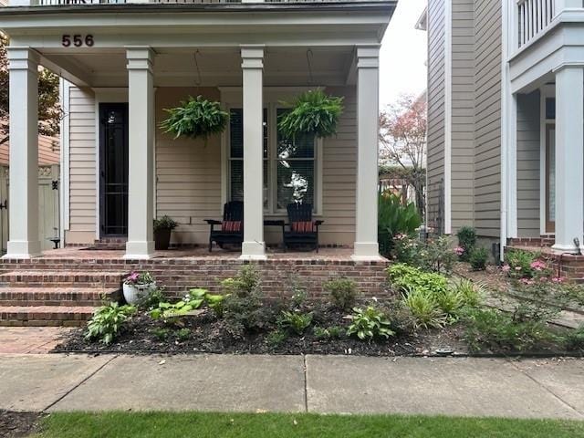 view of exterior entry with a porch