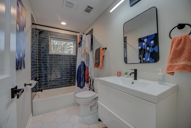 full bathroom with visible vents, shower / bath combination with curtain, toilet, and vanity