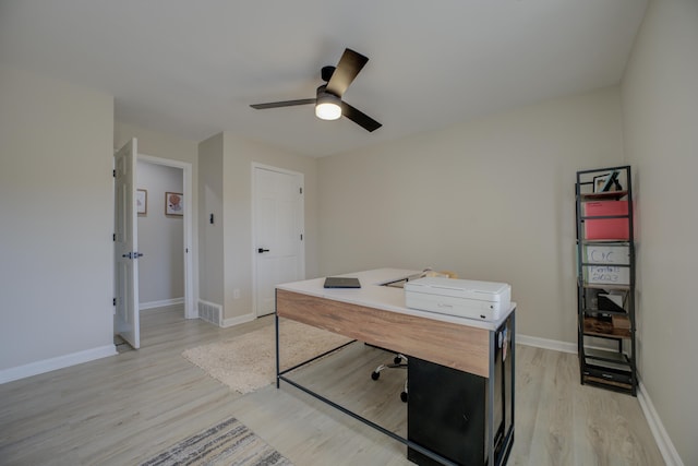 office with visible vents, baseboards, a ceiling fan, and light wood finished floors