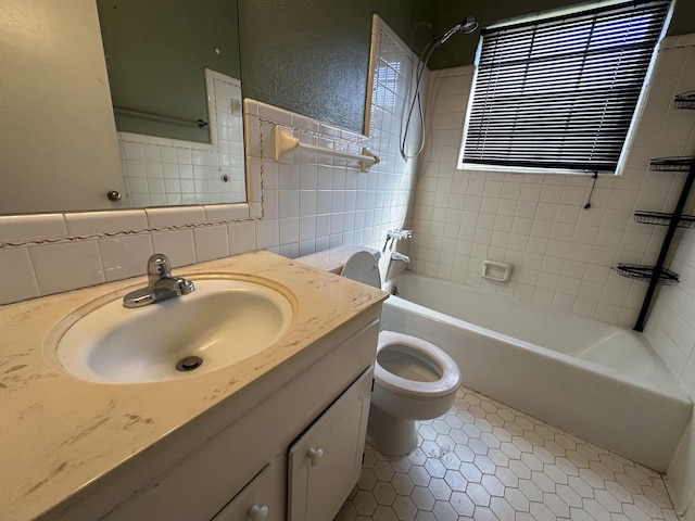 full bathroom featuring shower / tub combination, tile walls, vanity, and toilet