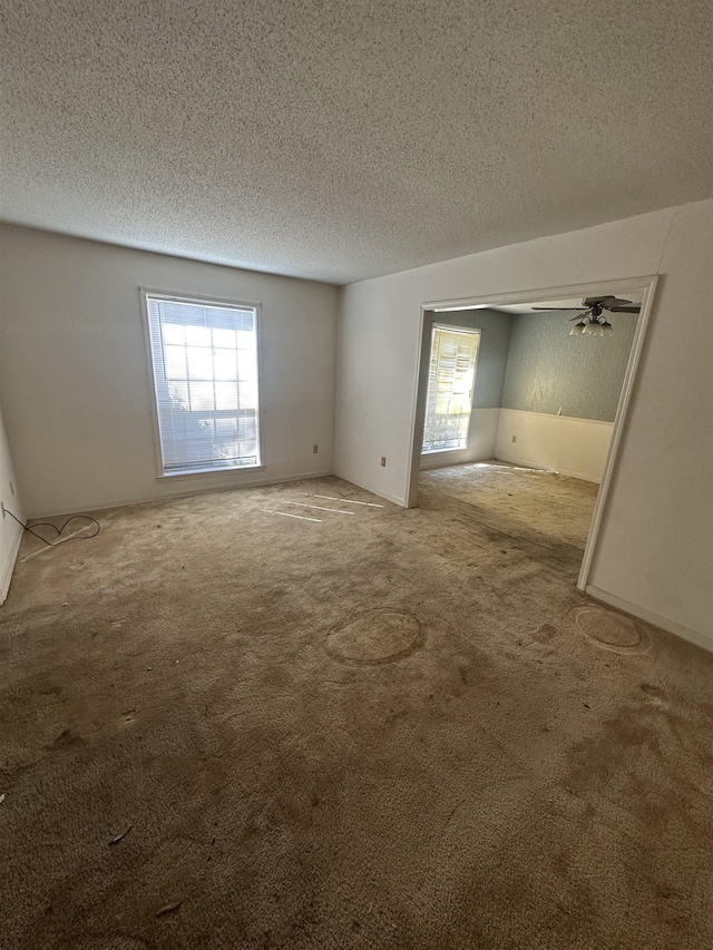 empty room with carpet and a textured ceiling