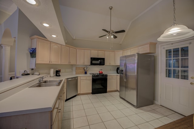 kitchen with light tile patterned floors, black appliances, light countertops, and a sink