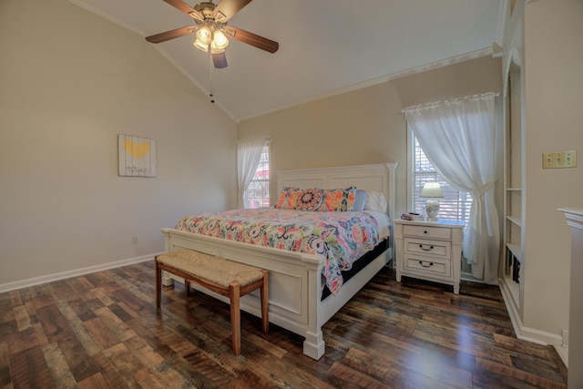 bedroom with baseboards, dark wood-style flooring, ceiling fan, vaulted ceiling, and crown molding