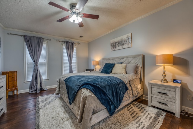 bedroom featuring crown molding, ceiling fan, baseboards, a textured ceiling, and wood-type flooring