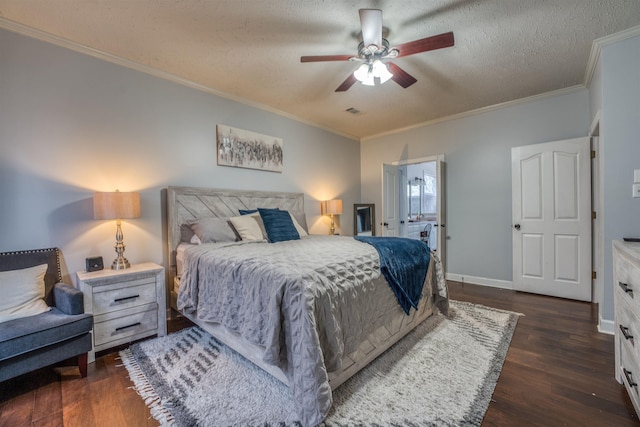 bedroom with ornamental molding, a ceiling fan, a textured ceiling, baseboards, and dark wood-style flooring