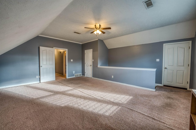 additional living space with lofted ceiling, carpet, visible vents, and a textured ceiling