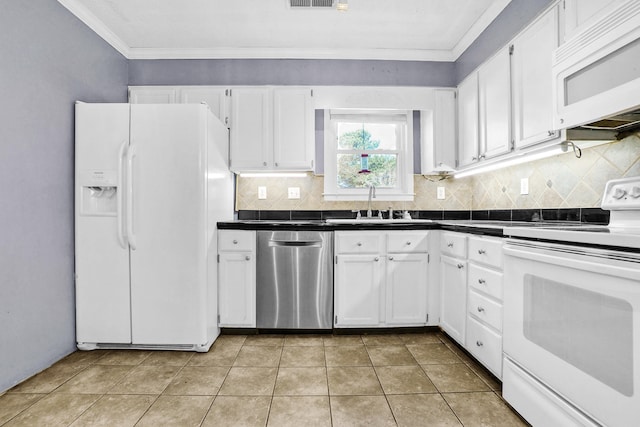 kitchen with white cabinetry, white appliances, dark countertops, and a sink