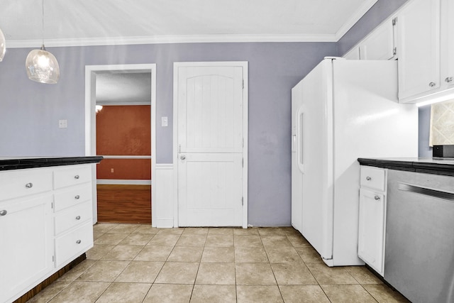 kitchen featuring light tile patterned floors, white fridge with ice dispenser, white cabinetry, crown molding, and stainless steel dishwasher