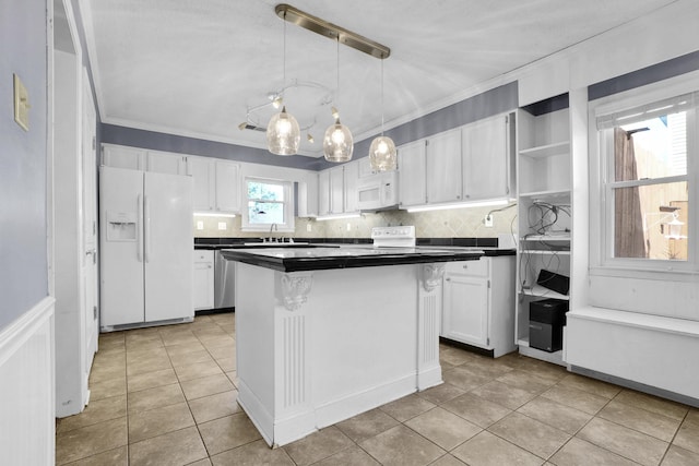 kitchen featuring ornamental molding, open shelves, dark countertops, white appliances, and white cabinets