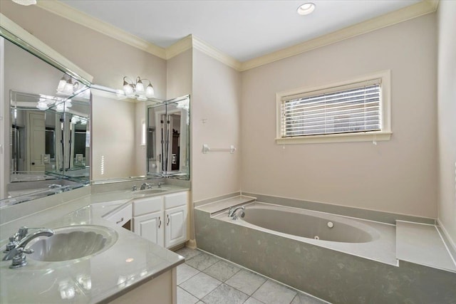 full bathroom featuring a sink, a garden tub, crown molding, and tile patterned flooring