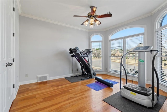 workout room featuring crown molding, baseboards, visible vents, and light wood-type flooring