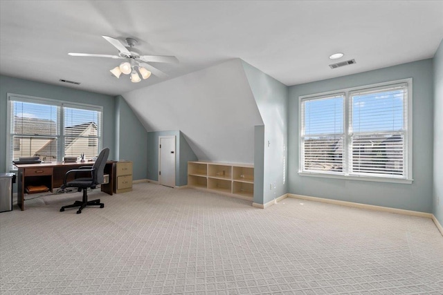 office space featuring carpet, baseboards, and visible vents