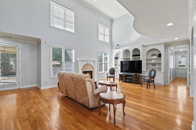 living area featuring a wealth of natural light, light wood-style flooring, a warm lit fireplace, crown molding, and baseboards