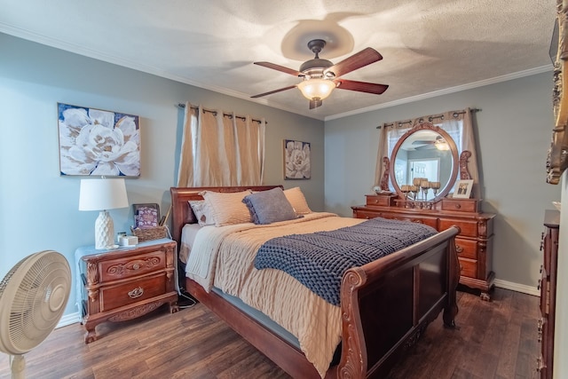 bedroom with a textured ceiling, dark wood-style floors, baseboards, and ornamental molding