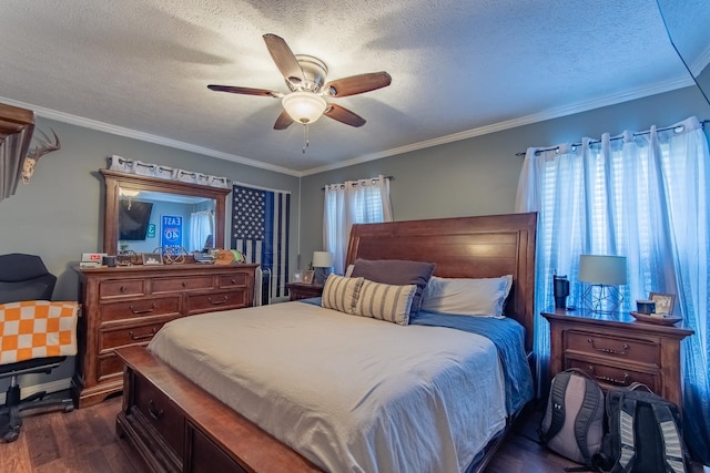 bedroom with dark wood finished floors, crown molding, and multiple windows