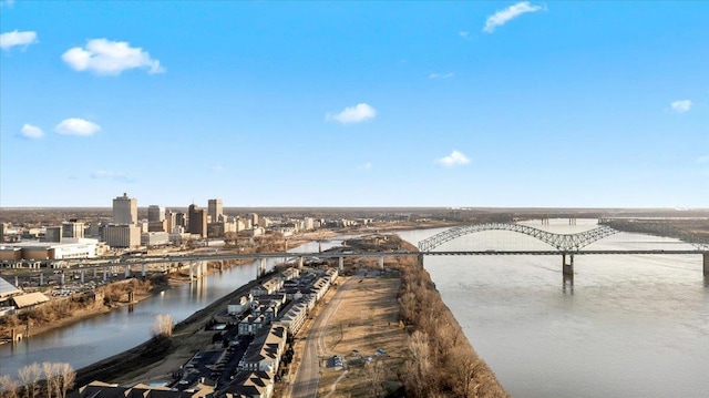 aerial view featuring a water view and a city view