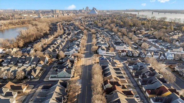 aerial view featuring a residential view and a water view