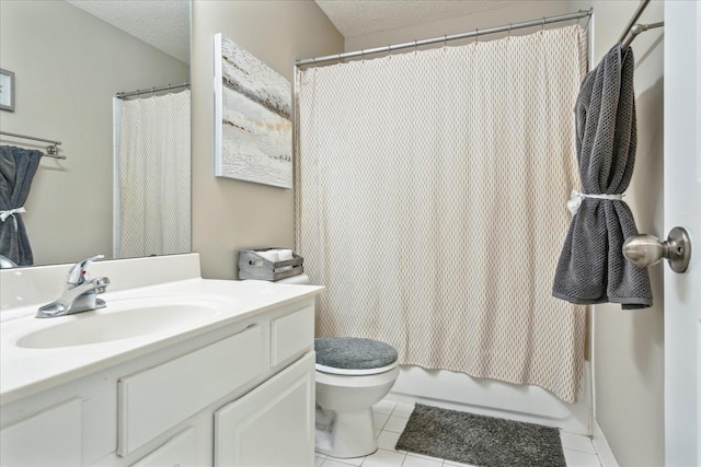 full bathroom with vanity, shower / bath combo, tile patterned flooring, a textured ceiling, and toilet