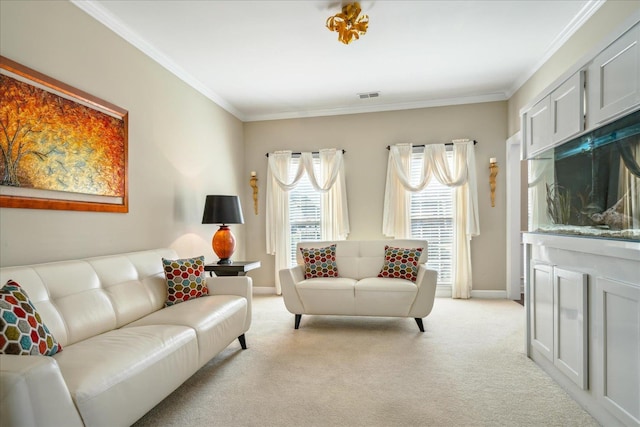 living room with visible vents, light carpet, baseboards, and ornamental molding