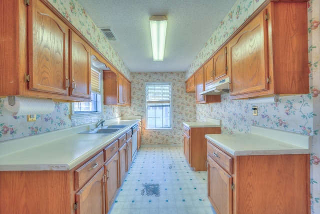 kitchen with wallpapered walls, light floors, under cabinet range hood, and a sink