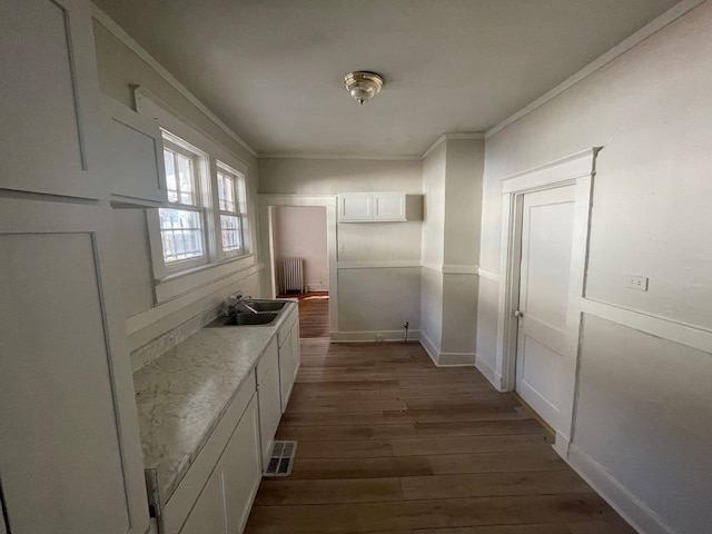 hallway featuring dark wood-style floors, baseboards, radiator heating unit, ornamental molding, and a sink