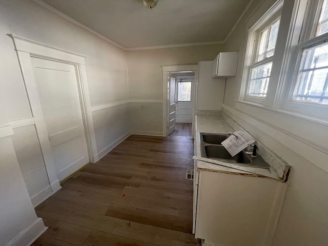 kitchen with white cabinetry, light countertops, wood finished floors, and ornamental molding