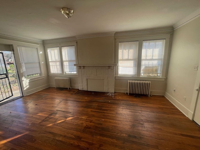 interior space with radiator, a fireplace, baseboards, and hardwood / wood-style flooring