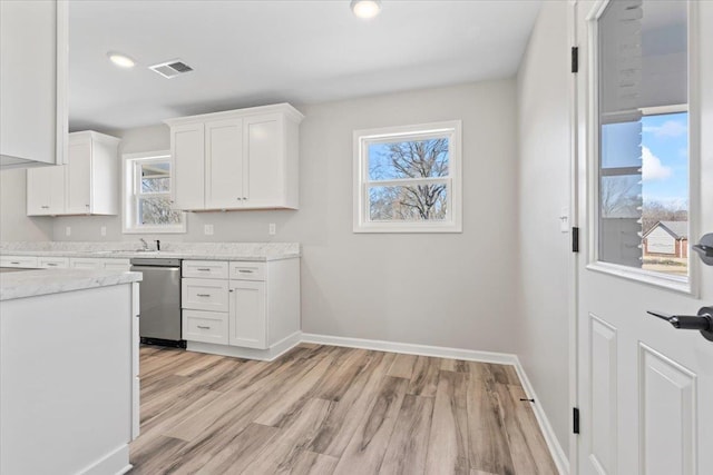 kitchen featuring light wood finished floors, visible vents, white cabinetry, and stainless steel dishwasher